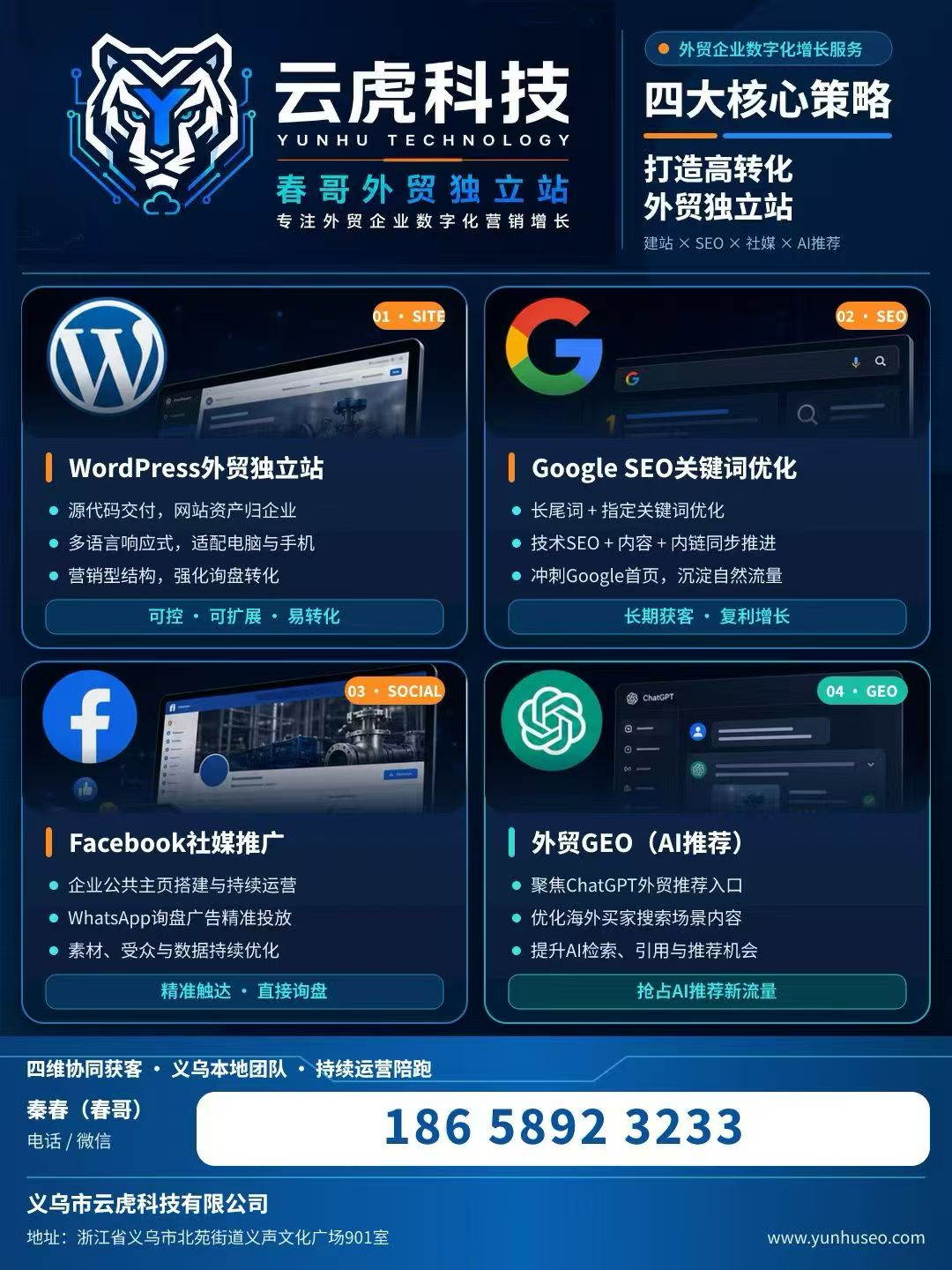 云虎科技四大核心服务海报：建站、SEO、社媒、GEO；联系人秦春，18658923233